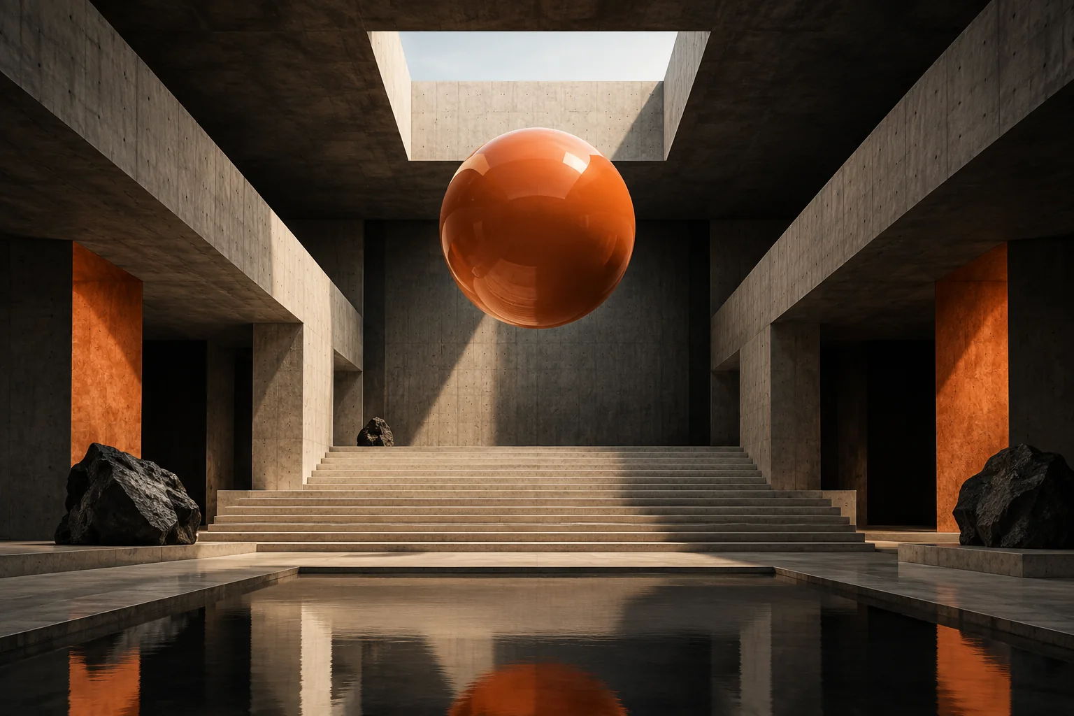 Architecture de béton sculptée par la lumière autour d’une sphère orange
